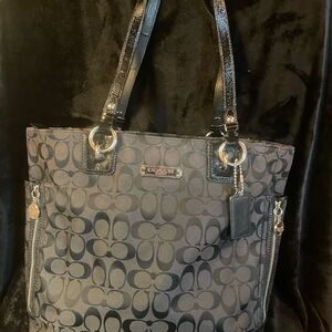 Coach Black Gallery Signature Jacquard Tote with Patent Trim